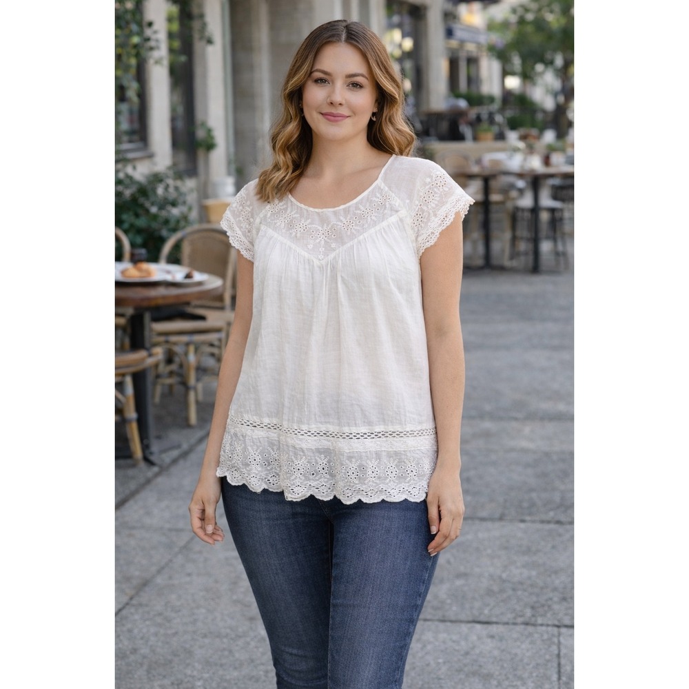 Joie Women Lace Boho Peasant Blouse Top Short Sleeve Size S Cottagecore